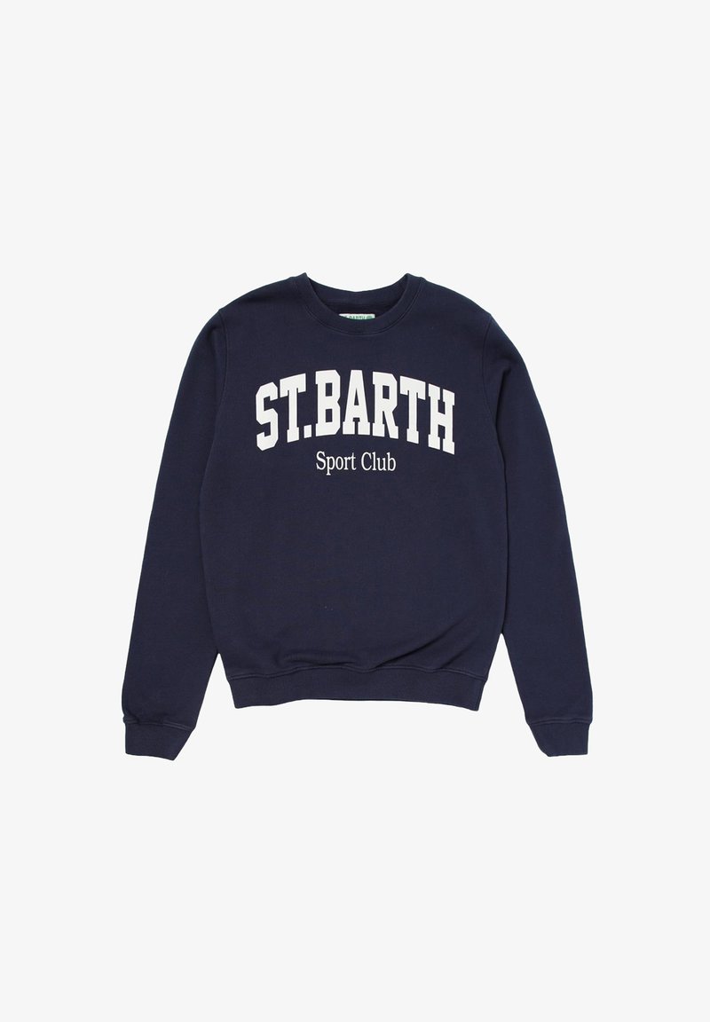Felpa blu navy in cotone, con collo rotondo e polsini a costine, caratterizzata dalla scritta "ST.BARTH" e "Sport Club" stampata in bianco sulla parte anteriore.