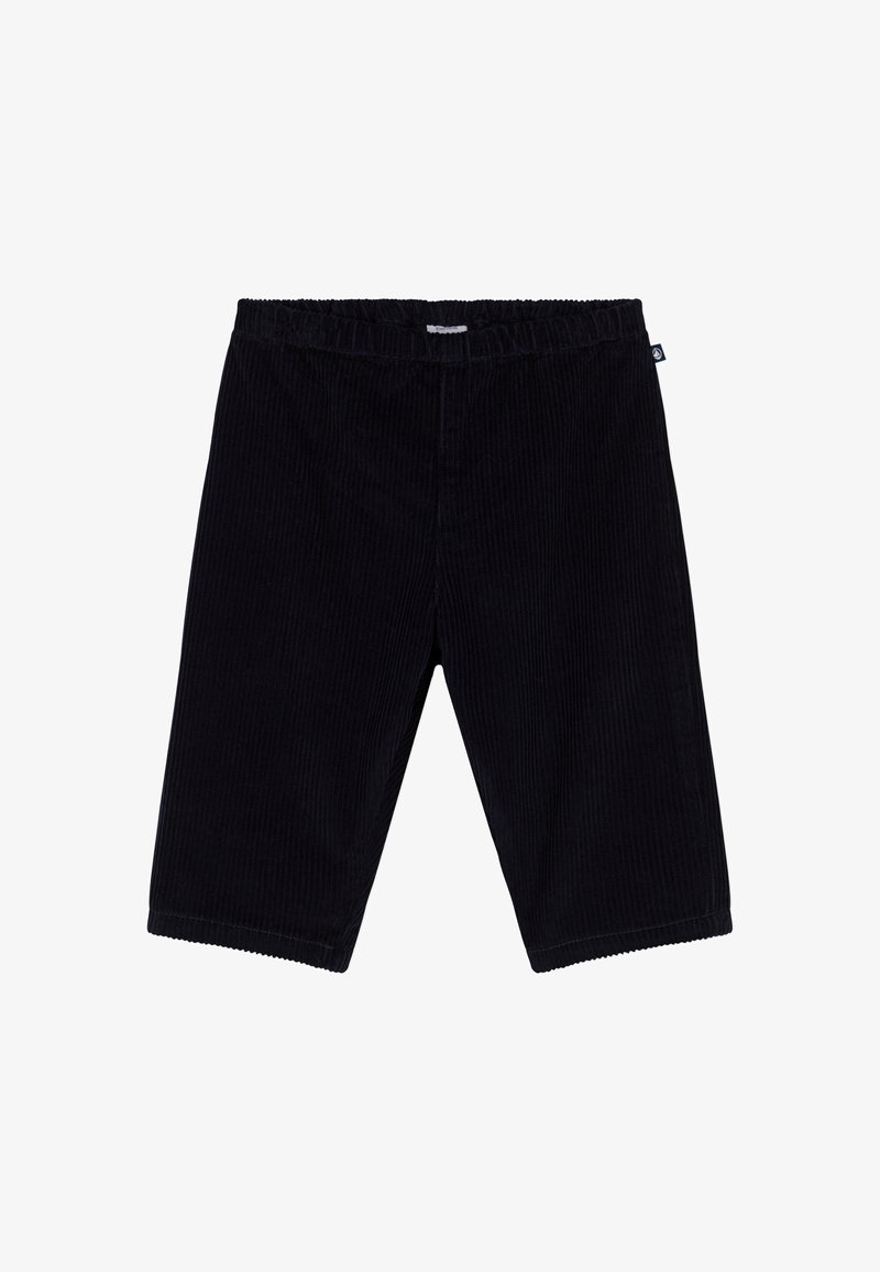 Pantaloni corti in corduroy blu scuro con una texture a coste, vita elasticizzata e taglio dritto. Presentano dettagli con orlo ondulato alle gambe.