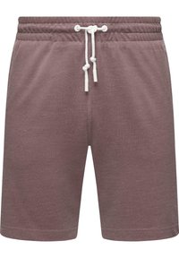 Korte, mauve bomuldsbukser med elastisk talje og justerbar hvid snøre. Teksturen ser blød og åndbar ud.