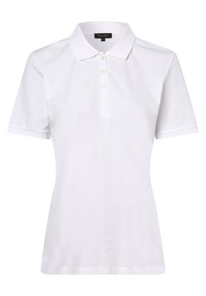 Weißes Poloshirt aus Baumwolle mit einer weichen Textur. Verfügt über einen Kragen, kurze Ärmel und eine Knopfleiste mit drei Knöpfen.