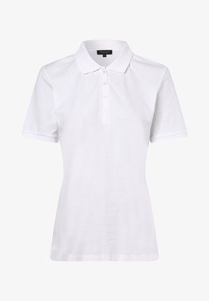 T-shirt polo blanc en coton avec une texture douce. Il présente un col, des manches courtes et une patte de boutonnage avec trois boutons.