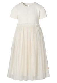 Crèmekleurige jurk met korte mouwen, gestructureerde lijfje en een gelaagde tule rok met gouden spikkels. Bevat een sleutelgat-sluiting aan de achterkant.