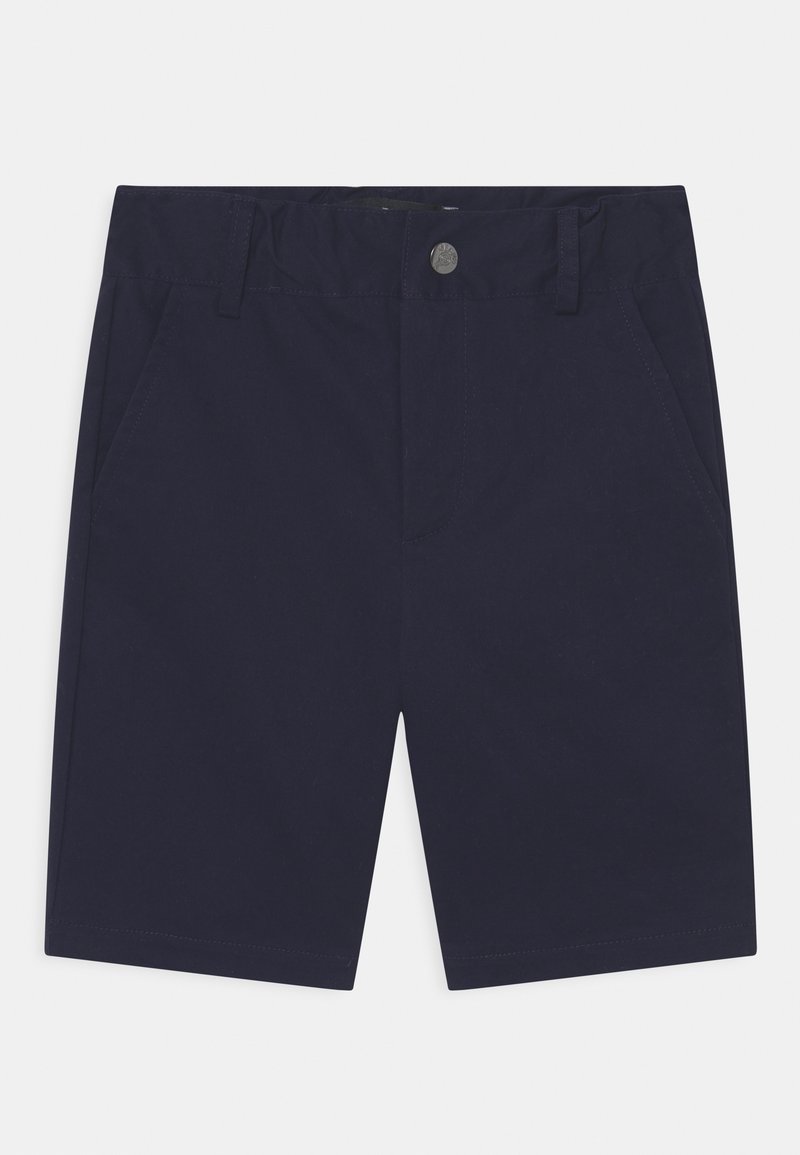 Shorts décontractés bleu marine avec passants de ceinture, bouton à l'avant, fermeture éclair et poches latérales, posés à plat sur un fond blanc.