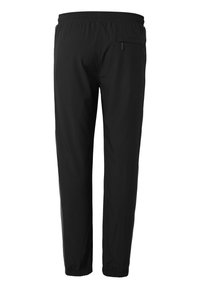 Zwarte casual broek met elastische tailleband en boorden, voorzien van een achterzak met rits aan de rechterkant.