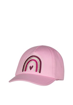 Pink baseball cap with an embroidered rainbow in shades of pink and a small heart at the center front.