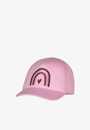 Rosa Baseballmütze mit einem gestickten Regenbogen in Rosatönen und einem kleinen Herz in der Mitte vorne.