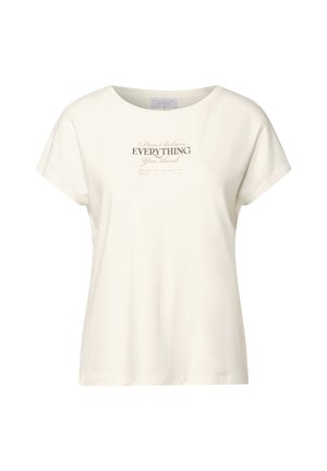 Cremefarvet T-shirt, rund halsudskæring, korte ærmer, med trykt tekst i mørkegrå. Blødt stof med en afslappet pasform.