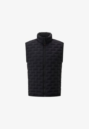 Schwarze ärmellose gesteppte Weste mit hohem Kragen, Frontreißverschluss und strukturiertem gepolstertem Design, ideal zum Drunterziehen an kühleren Tagen.
