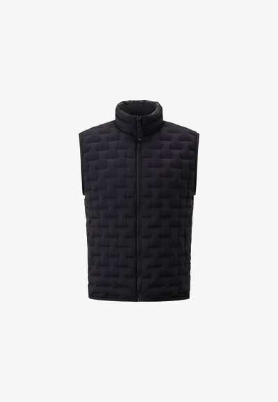 Schwarze ärmellose gesteppte Weste mit hohem Kragen, Frontreißverschluss und strukturiertem gepolstertem Design, ideal zum Drunterziehen an kühleren Tagen.