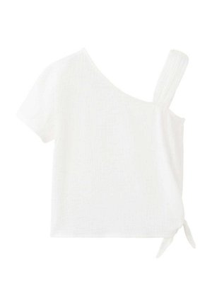 Weißes Kurzarm-Top mit einem breiten Schulterriemen und asymmetrischem Ausschnitt, mit kleinem seitlichem Bindeband am Saum.