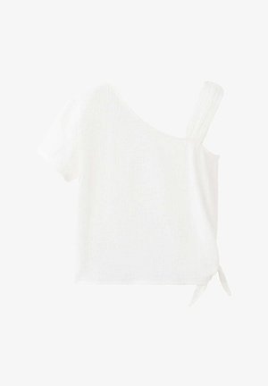 Wit topje met korte mouwen, één brede schouderband en een asymmetrische halslijn, met een klein zijstrikje aan de zoom.
