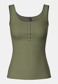 Olivově zelený ribovaný top bez rukávů s kulatým výstřihem, s čtyřmi knoflíkovými detaily vpředu a širokými ramínky.