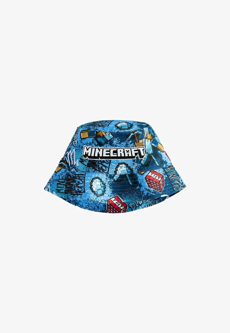Chapeau bob bleu avec des graphismes Minecraft, incluant des personnages pixélisés, des diamants, des blocs de TNT, et le logo Minecraft.