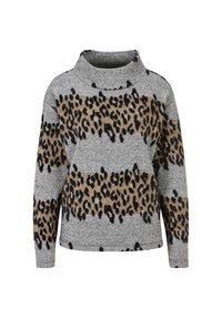 Grauer, langärmeliger Strickpullover mit breiten horizontalen braunen Leopardenmusterstreifen und einem lockeren, runden Ausschnitt.