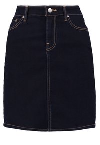 Mörk denim A-linjeformad kjol med knappstängning fram, två fickor och kontrastsömmar. Enkel design, knälång och slitstark tyg.