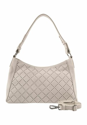 Sac à main en daim beige avec des perforations en forme de losange, une courte bandoulière attachée et une bandoulière longue supplémentaire réglable à côté.