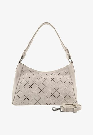 Sac à main en daim beige avec des perforations en forme de losange, une courte bandoulière attachée et une bandoulière longue supplémentaire réglable à côté.