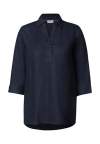 Camicia di lino blu scuro con colletto, maniche a tre quarti e una patta di bottoni con un singolo bottone all'collo. Tessuto liscio.