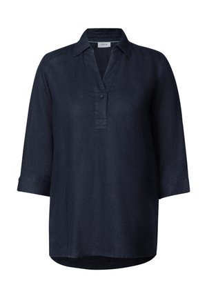 Chemise en lin bleu marine foncé avec col, manches trois-quarts et patte de boutonnage avec un seul bouton au niveau du col. Texture lisse.