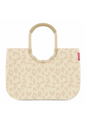 Beige Tragetasche mit hellbraunem Leopardenmuster und runden gepolsterten Griffen, mit einem kleinen roten Reisenthel-Label an der Seite.
