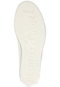 Semelle de chaussure en caoutchouc blanc avec un motif de grip texturé, présentant des lettres en relief. Les bords sont légèrement courbés, et une bordure noire lisse souligne le périmètre.