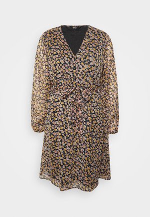 Black long-sleeve wrap dress with pink and yellow floral print, V-neckline, and waist tie belt.