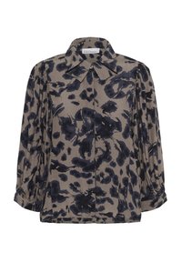 Bluză cu mânecă lungă dintr-un material bej, cu un model abstract de leopard în nuanțe de albastru închis; are o guler deschis și închidere cu butoane, cu detalii voluminoase la mâneci.