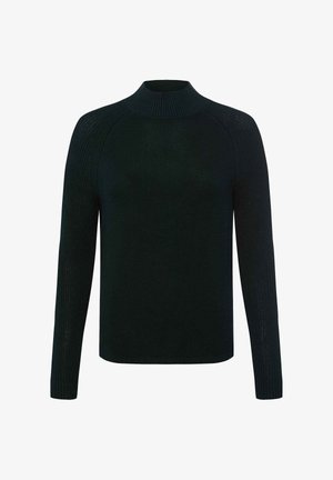Gebreide zwarte trui met een hoge ribbelboord, lange raglanmouwen en een gestructureerd patroon door het geheel. Klassieke pasvorm en minimalistisch ontwerp.