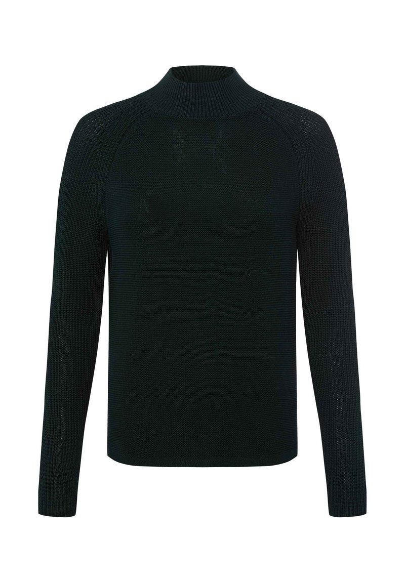 Gestickter schwarzer Pullover mit hohem geripptem Kragen, langen Raglanärmeln und einem strukturierten Muster. Klassischer Schnitt und minimalistisches Design.