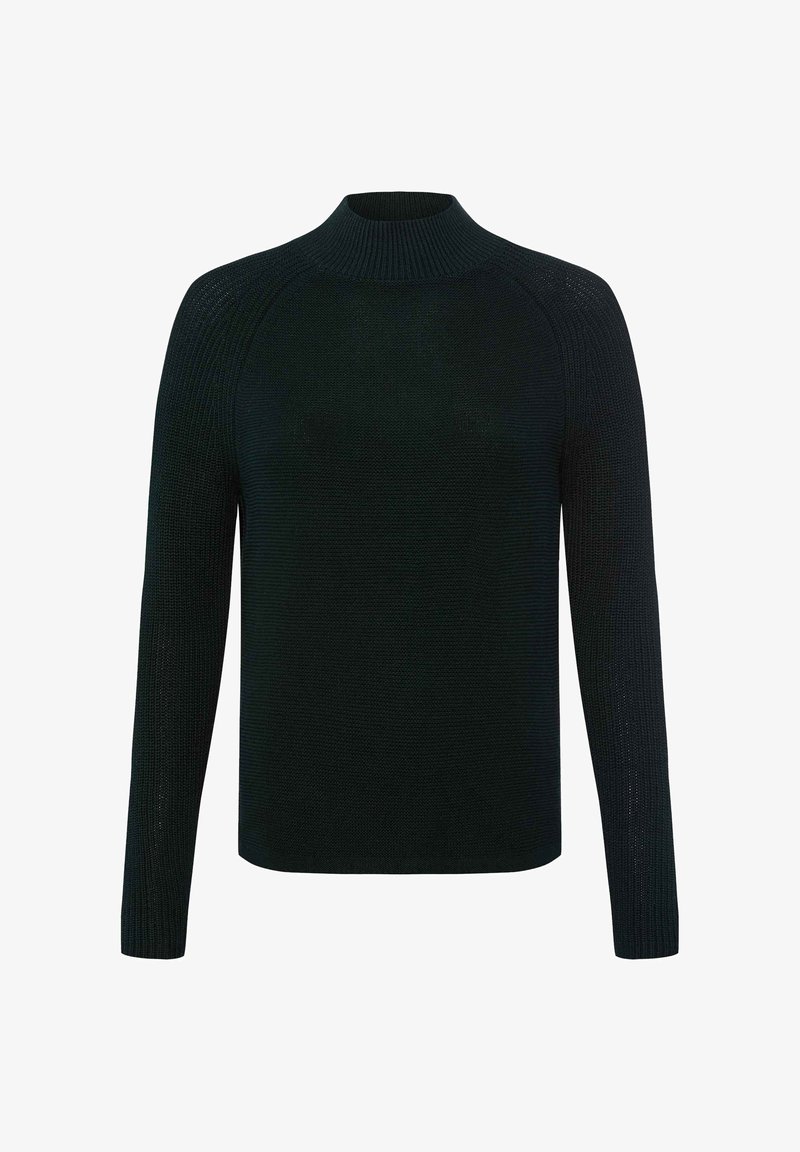 Gestickter schwarzer Pullover mit hohem geripptem Kragen, langen Raglanärmeln und einem strukturierten Muster. Klassischer Schnitt und minimalistisches Design.
