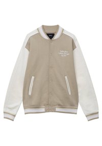 Veste universitaire beige et blanche avec boutons-pression, col et poignets côtelés rayés, deux poches avant, et texte blanc brodé sur la poitrine.