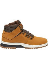Scarpa da trekking in pelle marrone con colletto imbottito, occhielli in metallo, suola intermedia bianca a contrasto e suola in gomma testurizzata per una migliore aderenza.