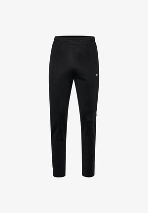 Schwarze Hose mit lockerer Passform, ausgestattet mit einem elastischen Bund, seitlichen Reißverschlusstaschen und einem Logodetail. Glatter, leichter Stoff.