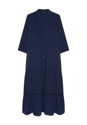 Abito midi blu navy a maniche lunghe con chiusura con bottoni sulla parte frontale, colletto appuntito, gonna a più livelli e dettagli raccolti sottili.