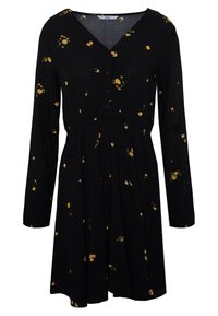 Robe noire à manches longues, col en V, boutons sur le devant, avec motif floral jaune. Jupe évasée avec taille froncée, en tissu doux.