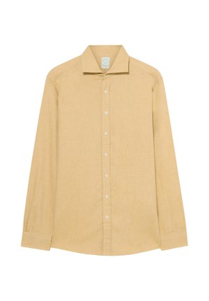 Chemise à manches longues jaune clair à boutonner avec un col, présentant une texture de tissu lisse et des détails de couture subtils.