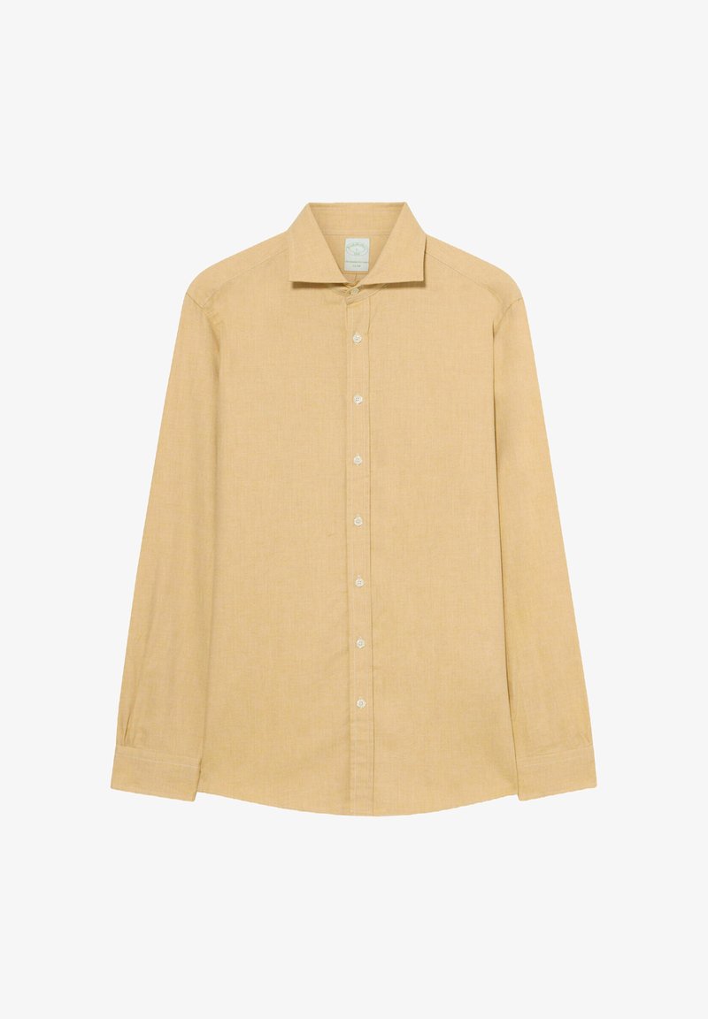 Camicia gialla chiara a maniche lunghe con colletto, caratterizzata da una trama di tessuto liscia e dettagli di cucitura sottili.