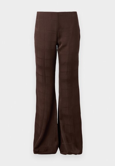 Brown flared trousers made of a smooth fabric featuring a subtle grid pattern. The waistband is flat with no visible hardware.