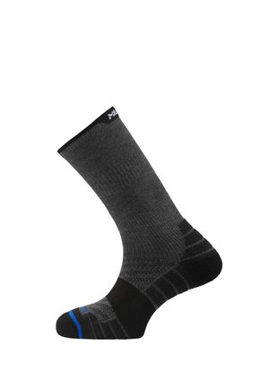 Dark gray and black mid-calf sock with blue toe accent, reinforced heel, and ribbed texture on a white background.