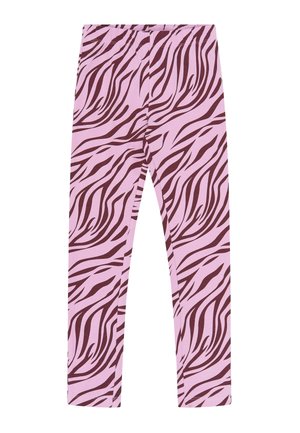 Leggings roses avec un motif de rayures zèbre brun foncé, en coupe ajustée et longueur complète, présentés à plat sur fond blanc.