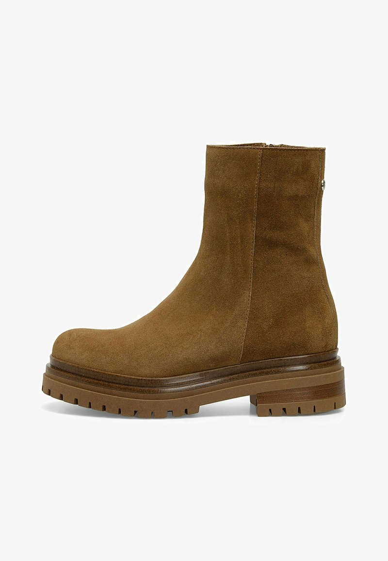 Suede brown ankle boots with a rounded toe, chunky sole, and a side zipper. Features a smooth texture and subtle stitching details.