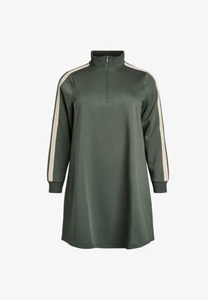 Donkergroene jurk met lange mouwen, een hoge kraag, een halve rits en crèmekleurige zijstrepen. Zachte stof met een comfortabele pasvorm.
