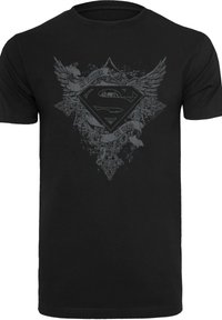 Black cotton t-shirt featuring a large gray Superman logo with decorative wings and text reading "MY FATHER MY HERO" in a gothic style.