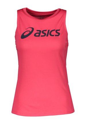 Pinkes ärmelloses Sportshirt mit schwarzem Asics-Logo in der Mitte der Brust, vor weißem Hintergrund dargestellt.