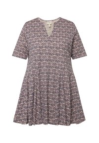 Robe à manches courtes avec un décolleté en V, en forme évasée, fabriquée dans un tissu violet à motifs floraux avec des accents crème.