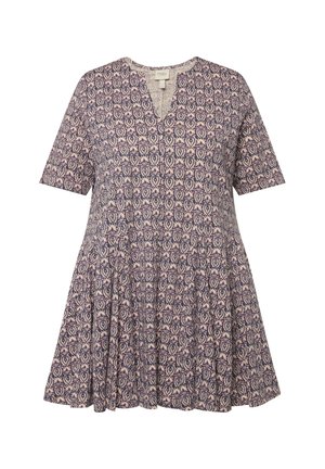 Abito a maniche corte con scollo a V, dalla forma svasata, realizzato in tessuto viola con motivo floreale e dettagli crema.