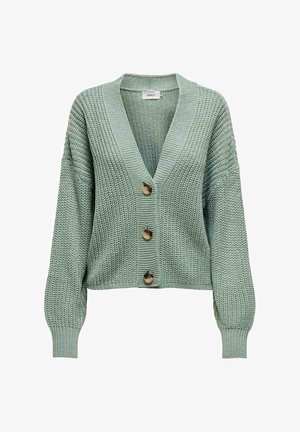 Vaaleanvihreä neulecardigan, jossa on V-pääntie, pitkät hihat ja kolme suurta nappia. Teksturoitu kangas, rento leikkaus ja resorikäänteet.