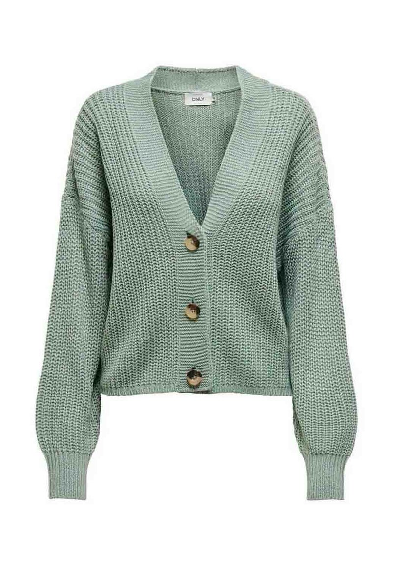 Hellgrüne Strickjacke mit V-Ausschnitt, langen Ärmeln und drei großen Knöpfen. Strukturierter Stoff mit lockerer Passform und gerippten Bündchen.
