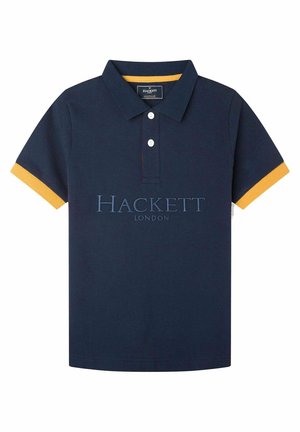 Marineblå polo-shirt med gule accenter på kraven og ærmerne. Har en stor broderet "Hackett London"-logo henover brystet. Fremstillet i bomuld.