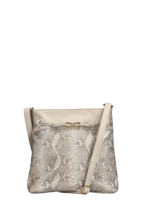 Beige Umhängetasche mit Schlangenprintmuster, glattem oberen Abschluss, geknotetem Kordeldetail und Verschluss sowie Beschlägen in Goldoptik.